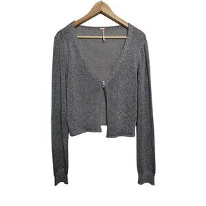 Free People Silver Metallic Cardigan Size L – Cropped Button Front Shimmer Knit